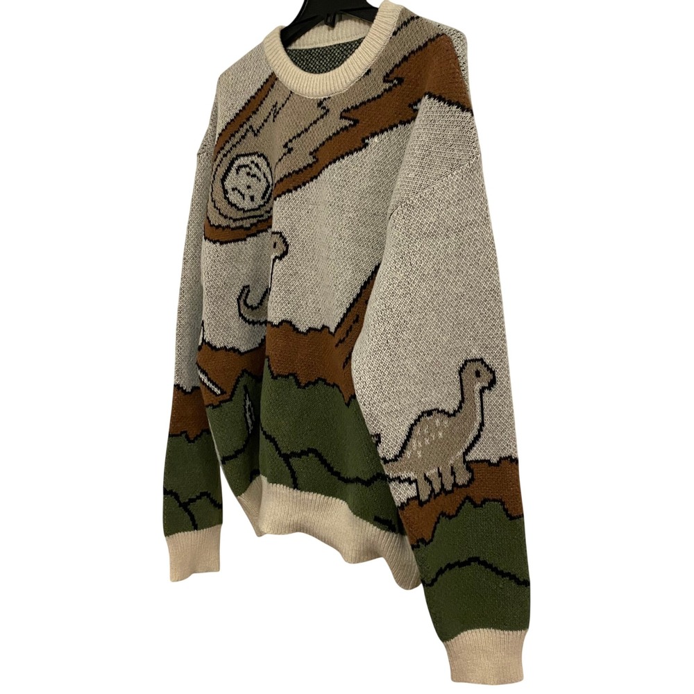 Prehistoric Dinosaur Meteor Sweater Mens XL Cream Retro Intarsia Knit Retro - Picture 6 of 7